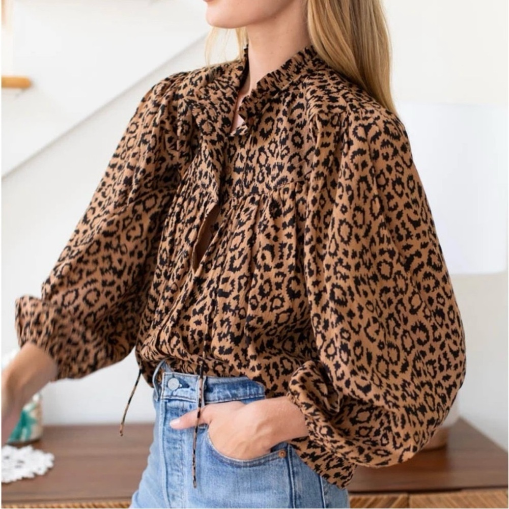 Emerson Fry India Collection Emmaline Leopard Print Organic Cotton Blouse Small